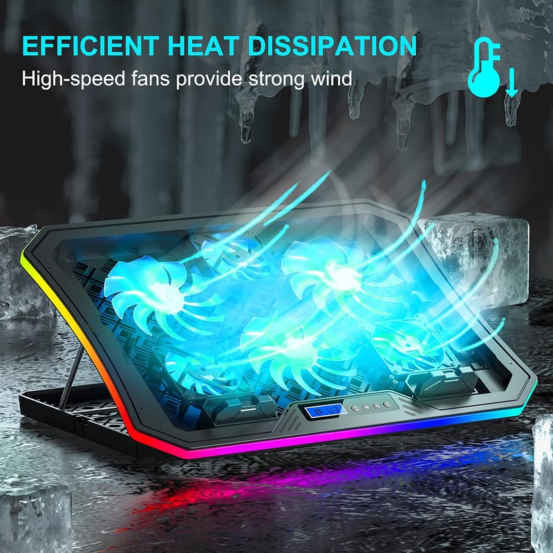 TopMate C12 Laptop Cooling Pad RGB Gaming Notebook Cooler for Desk and Lap Use, Laptop Fan Stand 8 Adjustable Heights with 6 Quiet Fans and Phone Holder, for 15.6-17.3 Inch Laptops-Ice Blue LED Light - Image 2